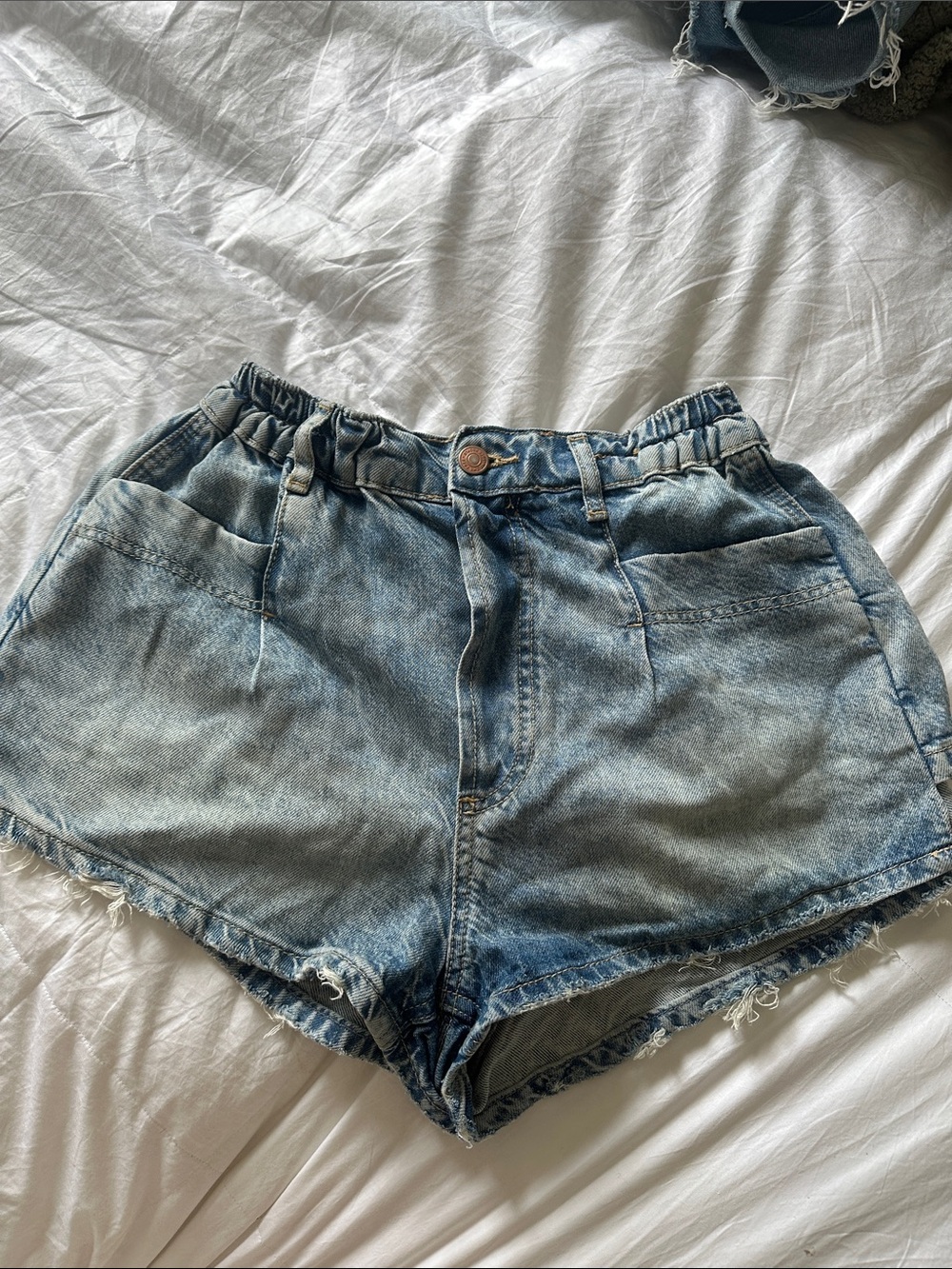 Free People Washed Blue Denim Paperbag Waist Shorts